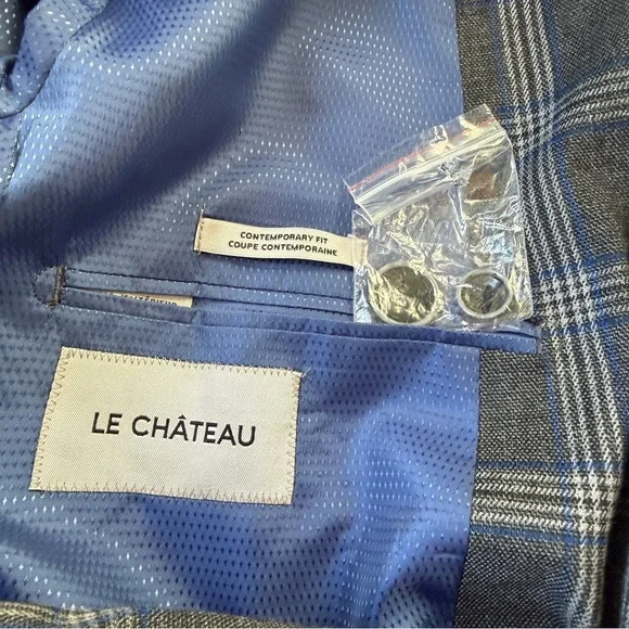 Le Chateau Mens Sports Coat Size 42 Formal Suit Jacket Grey Blue Plaid Business - Picture 2 of 11